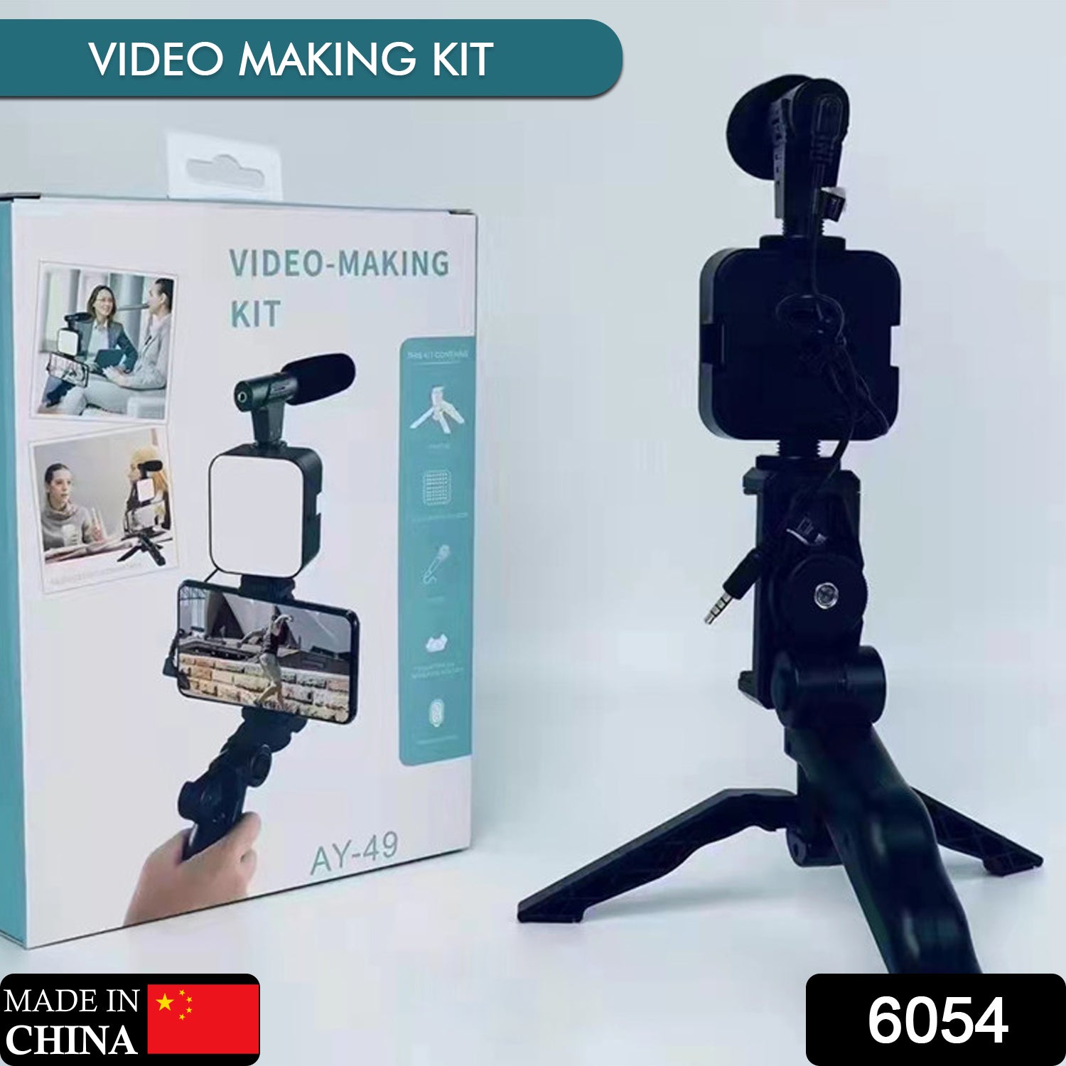 6054 Vlogging Kit For Video Making With Mic Mini Tripod Stand Led Light Phone Holder Clip For Making Videos