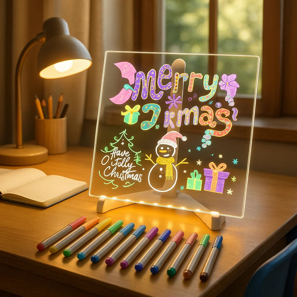 GlowBoard 3D LED Glass Writing Pad with 12 Neon Markers – Reusable Night Light Message Board for Kids, Creators & Home Decor