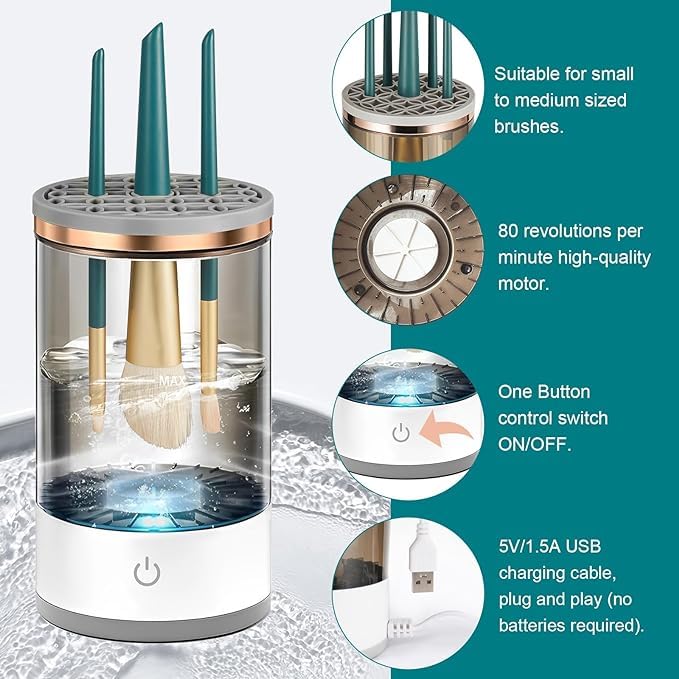 2-in-1 Electric Makeup Brush Cleaner – Deep Clean & Dry in Seconds | For All Brush Sizes | Portable, USB Powered