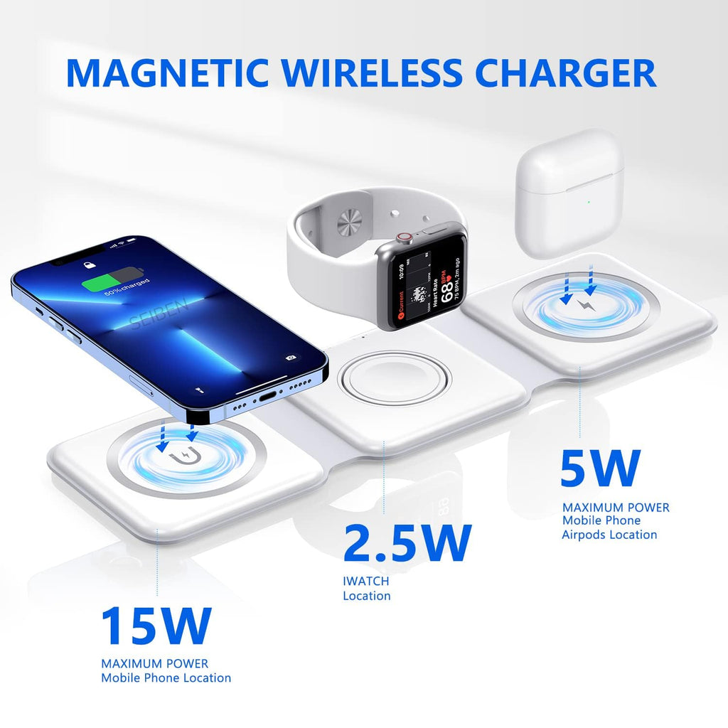 SEIBEN MagStyle™ Pearl – 3-in-1 Magnetic Foldable MagSafe Wireless Charger for iPhone, AirPods & Apple Watch (23W | USB-C | Pearl White) - DailyFixx 