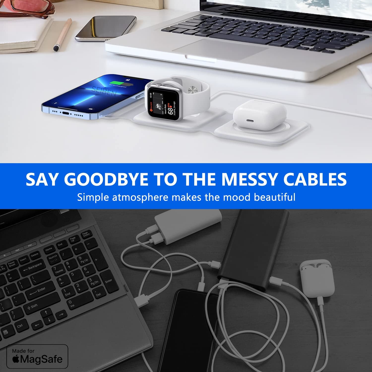 SEIBEN MagStyle™ Pearl – 3-in-1 Magnetic Foldable MagSafe Wireless Charger for iPhone, AirPods & Apple Watch (23W | USB-C | Pearl White) - DailyFixx 