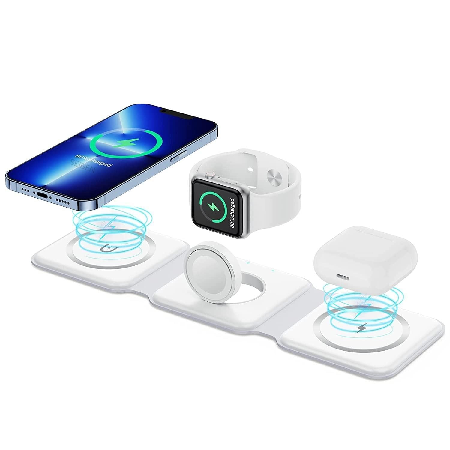 SEIBEN MagStyle™ Pearl – 3-in-1 Magnetic Foldable MagSafe Wireless Charger for iPhone, AirPods & Apple Watch (23W | USB-C | Pearl White) - DailyFixx 