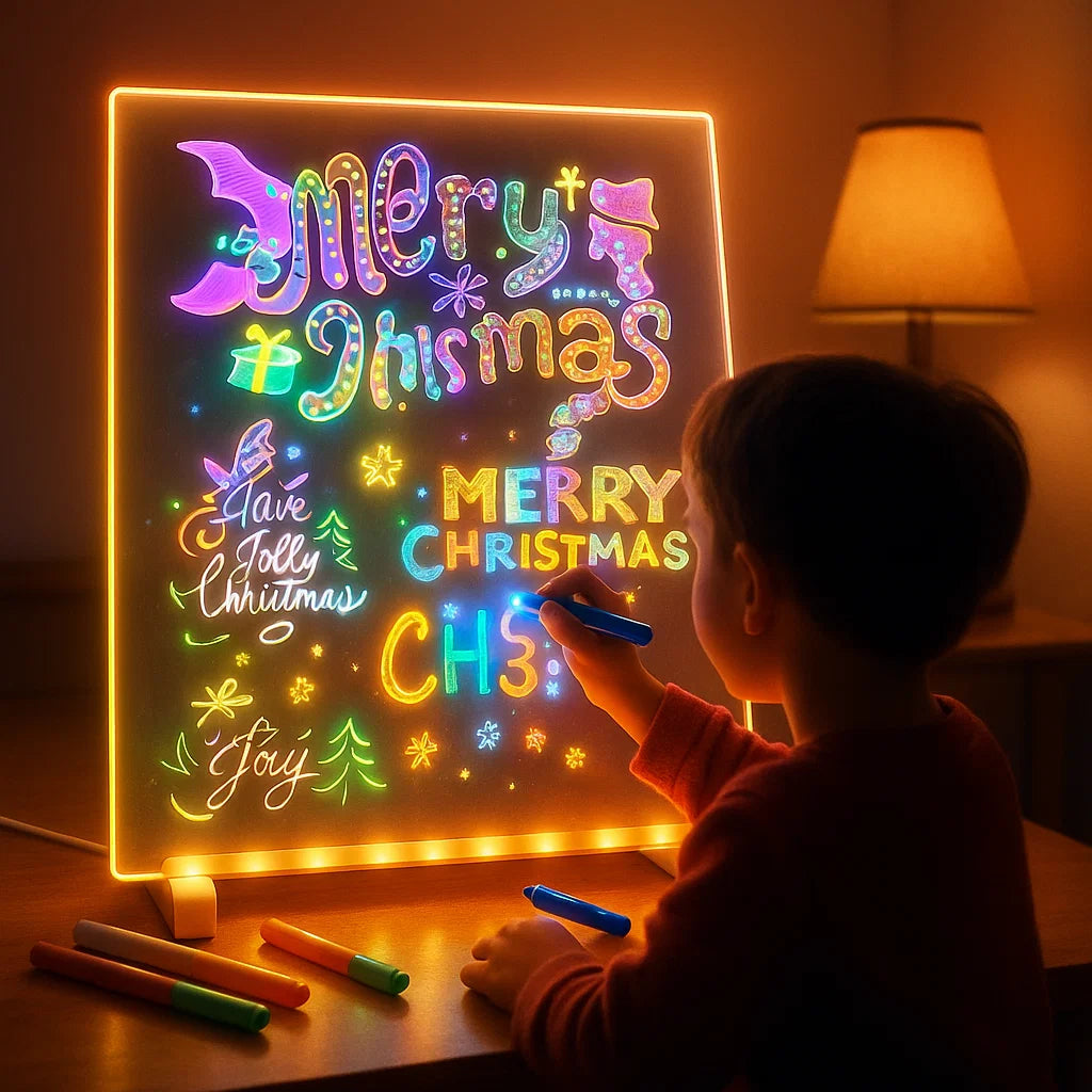 GlowBoard 3D LED Glass Writing Pad with 12 Neon Markers – Reusable Night Light Message Board for Kids, Creators & Home Decor