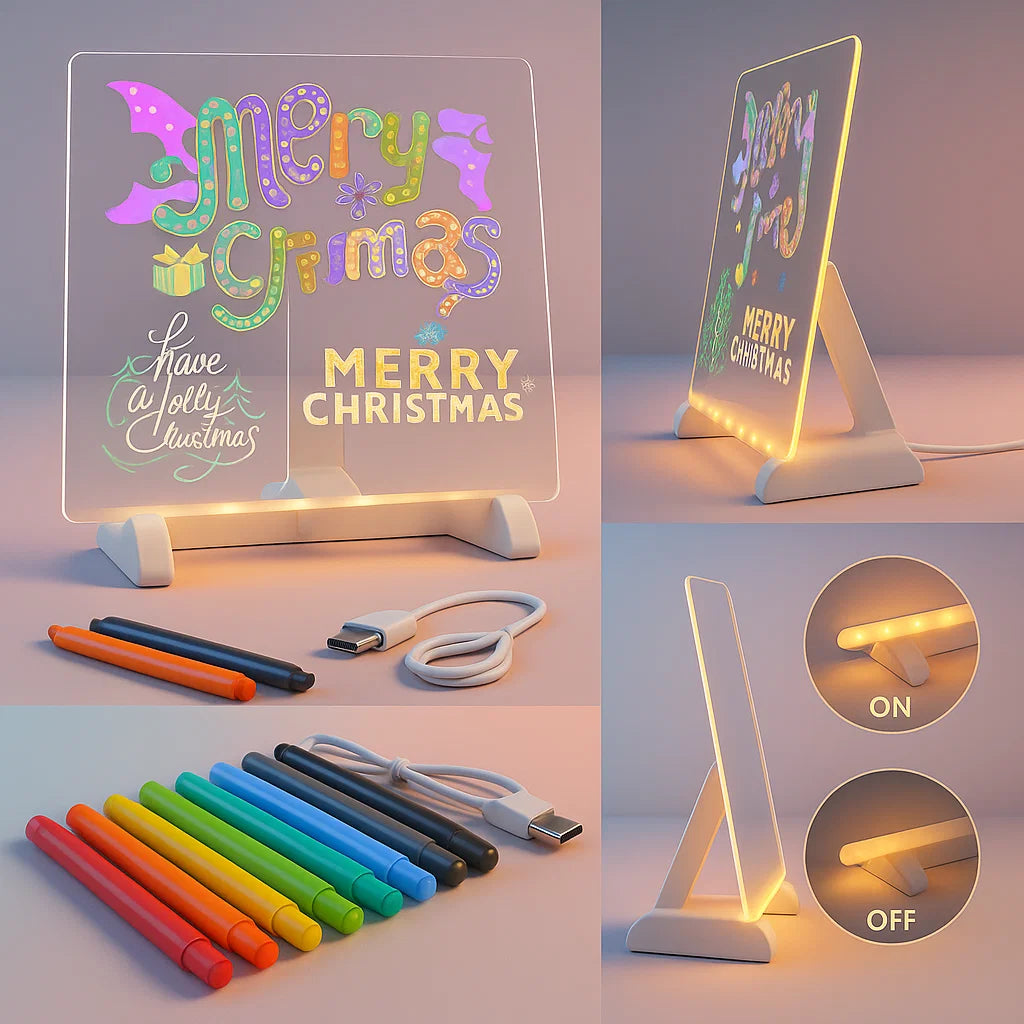 GlowBoard 3D LED Glass Writing Pad with 12 Neon Markers – Reusable Night Light Message Board for Kids, Creators & Home Decor