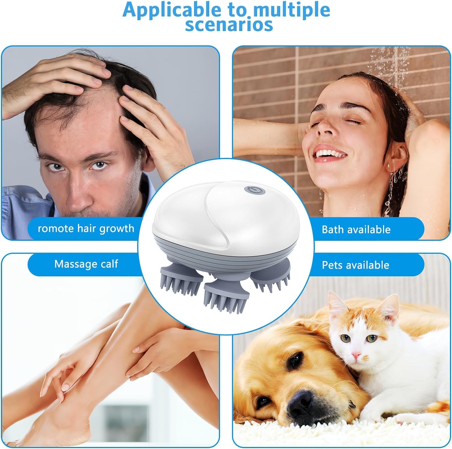 Electric Scalp Massager &  Pet Massager with 4 Kneading Heads – Rechargeable, Waterproof & Pet-Friendly