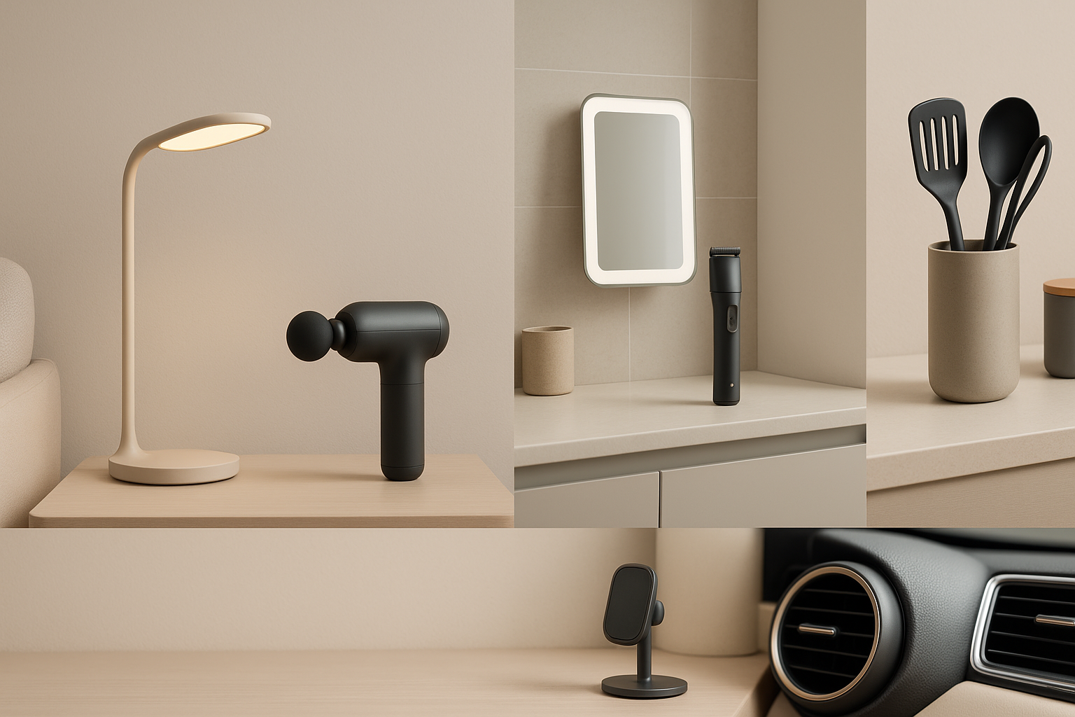 A premium lifestyle e-commerce hero banner featuring a modern interior with elegantly arranged smart gadgets and personal care products in a clean, minimalist style with ivory, sand, and charcoal tones