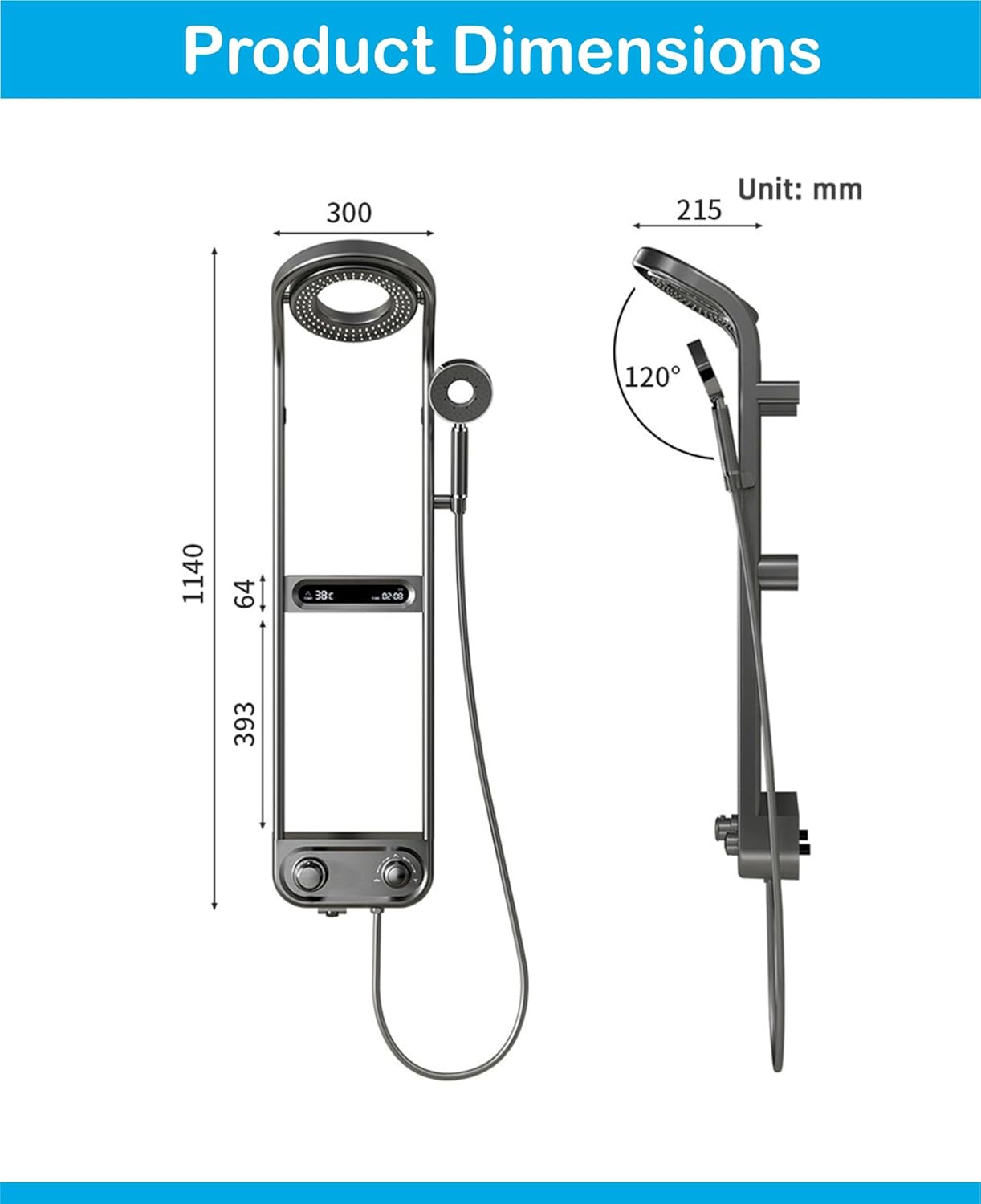 Fossa Shower Panel - Vortex with Hydropowered LED Light + Digital Display & 3 Water Functions (Gun Metal Grey)-1