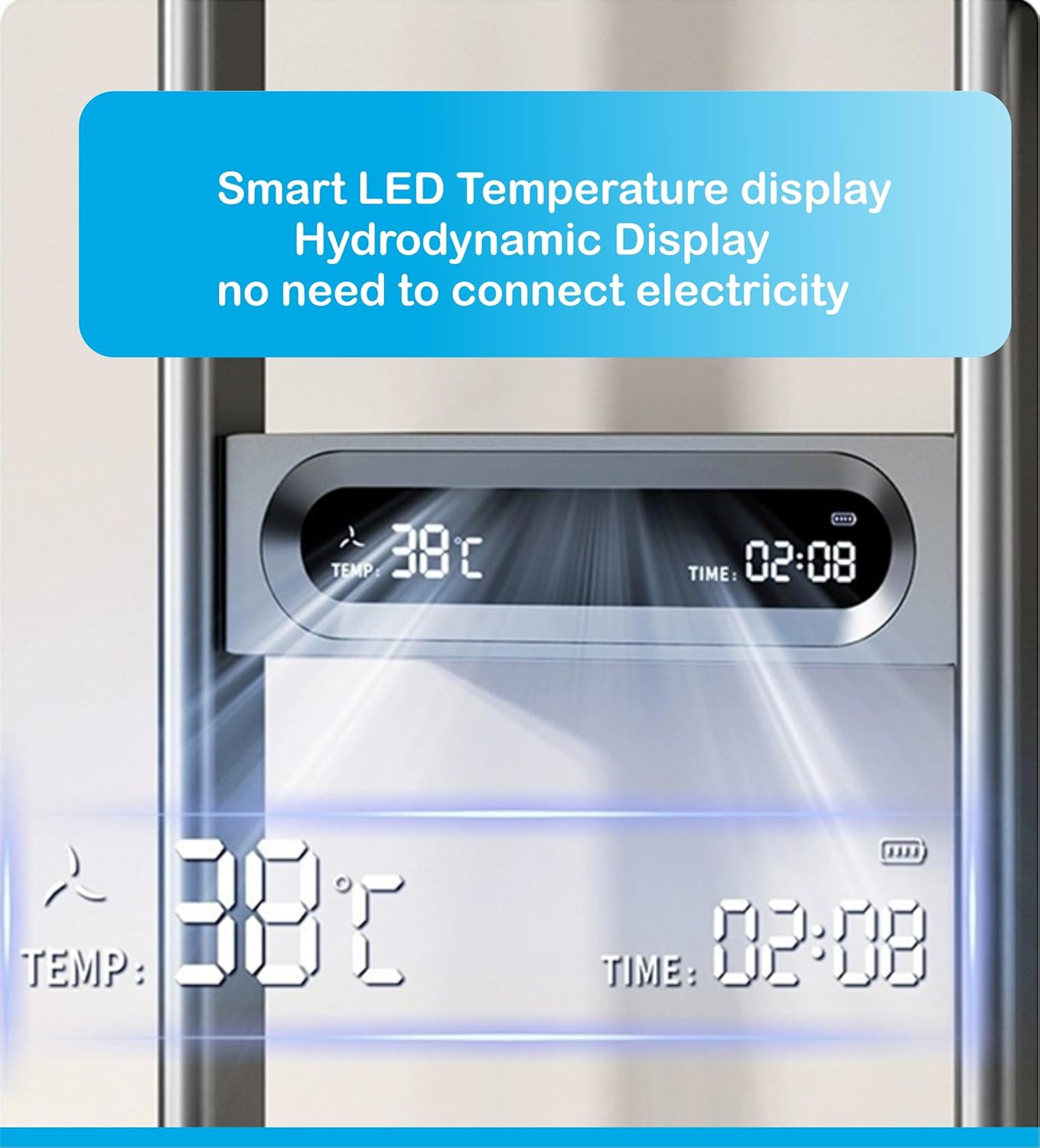Fossa Shower Panel - Vortex with Hydropowered LED Light + Digital Display & 3 Water Functions (Gun Metal Grey)-3