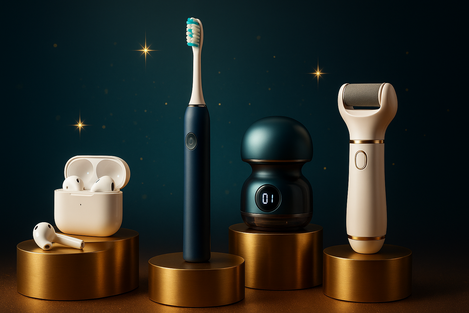Premium Best Sellers section image featuring Universal Translator Earbuds, Smart Smile Electric Toothbrush, Smart Cupping Therapy Device, and Flawless Pedi Electronic Callus Remover with elegant display and gold accents