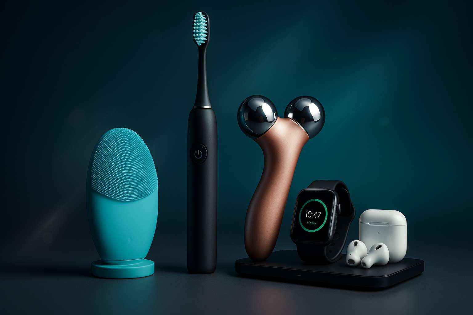 Premium New Arrivals section image featuring the latest personal care devices and smart gadgets with dramatic lighting and brand colors