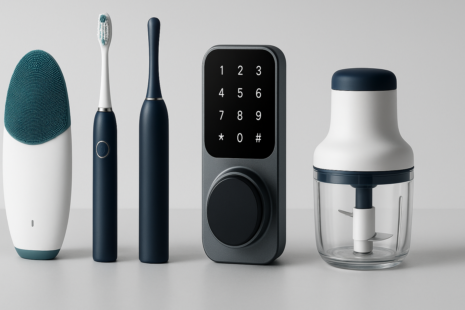 Premium wide hero banner for DailyFixx featuring personal care devices and smart gadgets with blue and teal accents