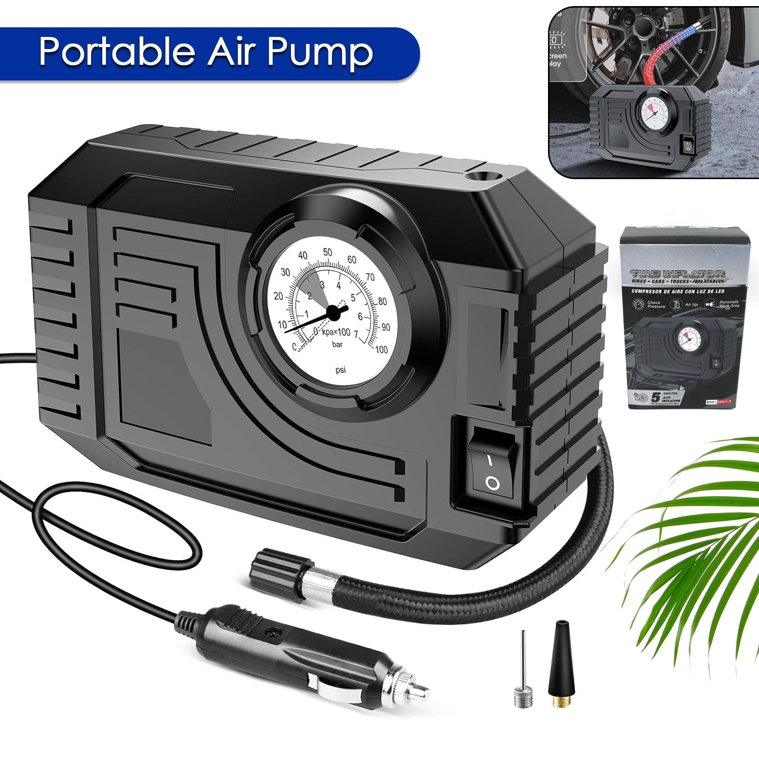 12V Portable Tire Inflator Air Compressor – Compact Pump for Car, Bike & Inflatables - DailyFixx 